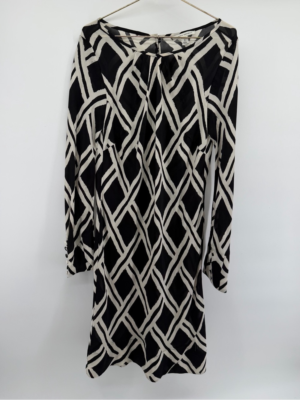 Banana Republic Black and Cream Geometric Long-Sleeve Dress